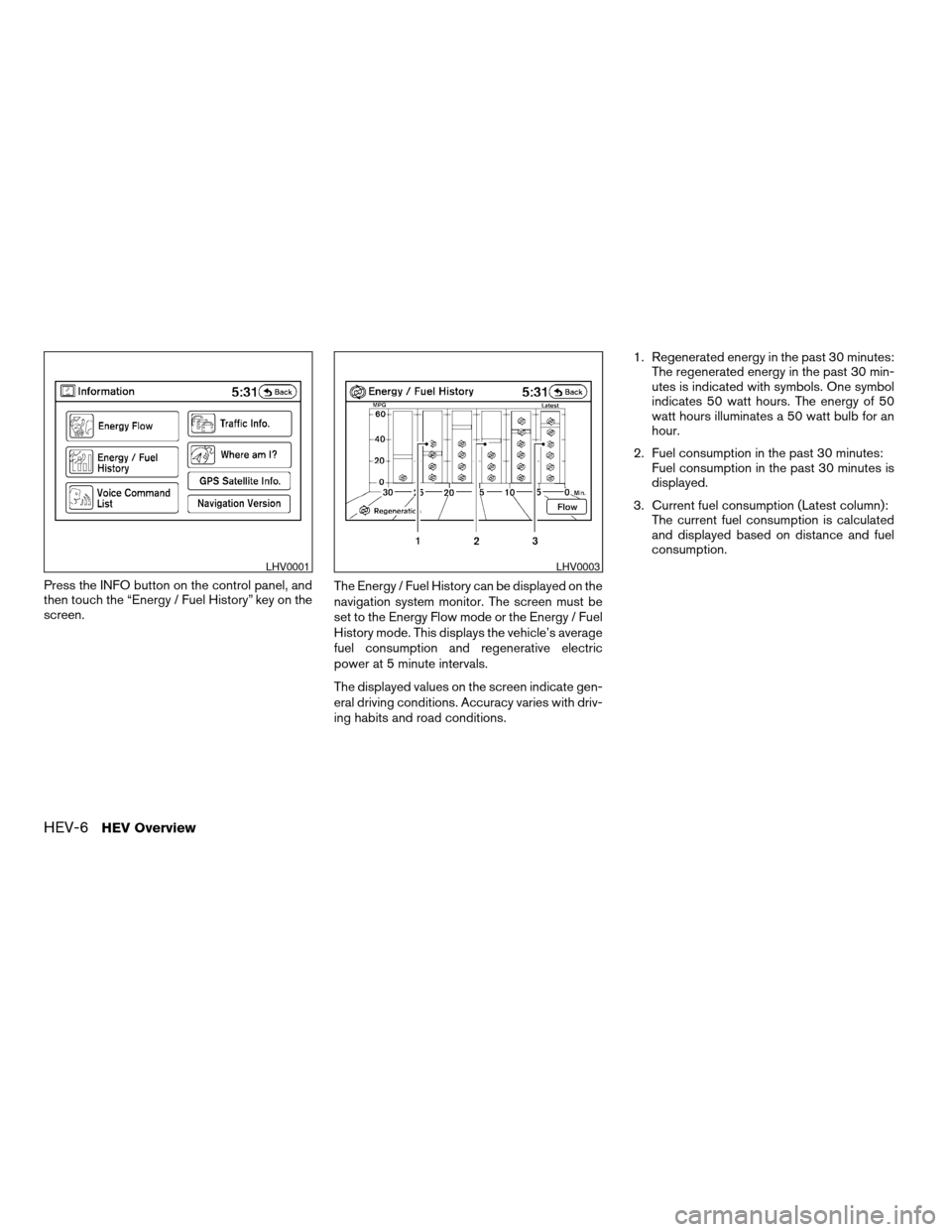 NISSAN ALTIMA HYBRID 2008 L32A / 4.G User Guide Press the INFO button on the control panel, and
then touch the “Energy / Fuel History” key on the
screen.The Energy / Fuel History can be displayed on the
navigation system monitor. The screen mus