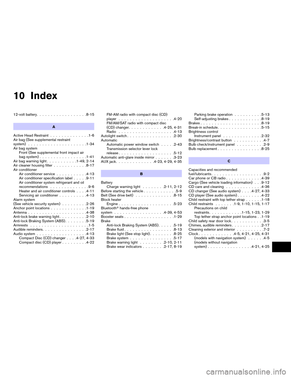 NISSAN ALTIMA HYBRID 2008 L32A / 4.G Owners Manual 10 Index
12-volt battery..................8-15
A
Active Head Restraint..............1-6
Air bag (See supplemental restraint
system).....................1-34
Air bag system
Front (See supplemental fron