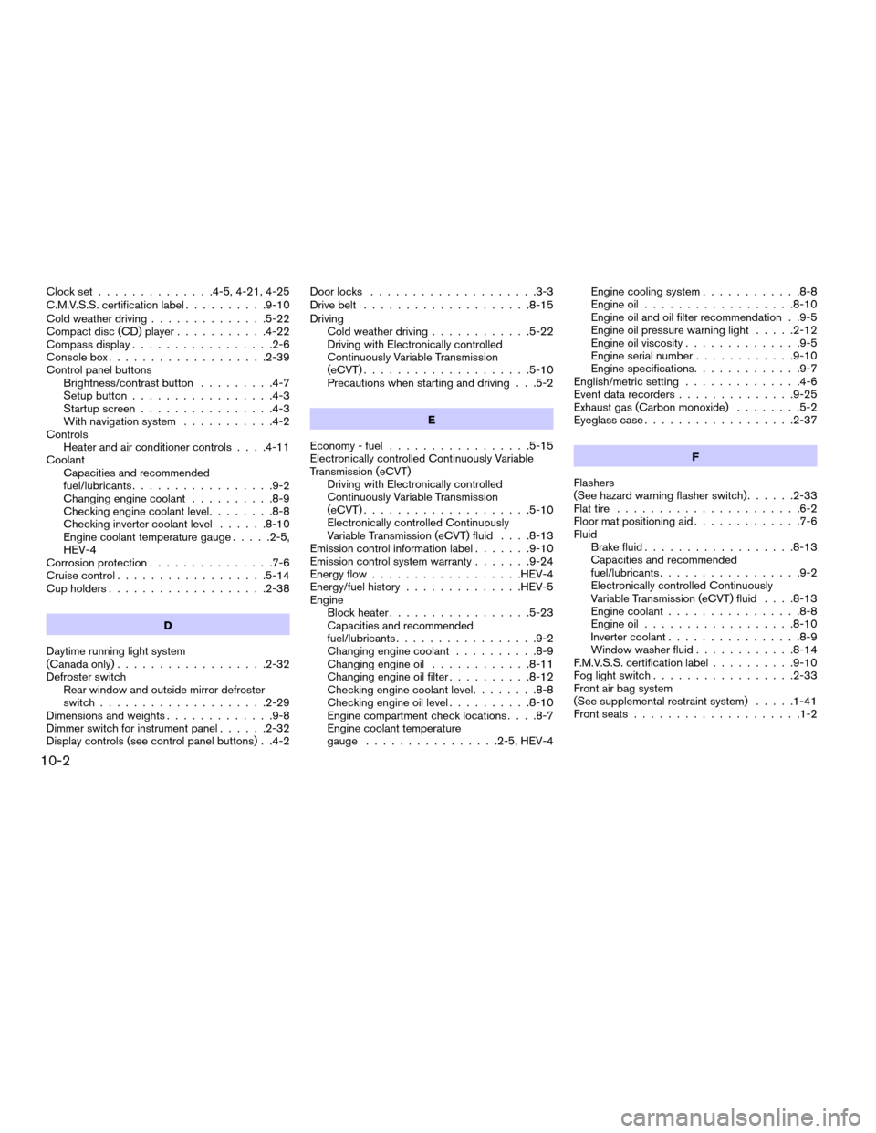 NISSAN ALTIMA HYBRID 2008 L32A / 4.G Owners Guide Clock set..............4-5, 4-21, 4-25
C.M.V.S.S. certification label..........9-10
Cold weather driving..............5-22
Compact disc (CD) player...........4-22
Compass display.................2-6
C
