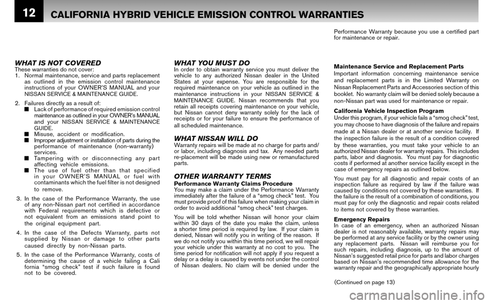NISSAN ALTIMA HYBRID 2008 L32A / 4.G Warranty Booklet 12CALIFORNIA HYBRID VEHICLE EMISSION CONTROL WARRANTIES 
Performance Warranty because you use a certiﬁ ed part  
for maintenance or repair. 
Maintenance Service and Replacement Parts 
Important info