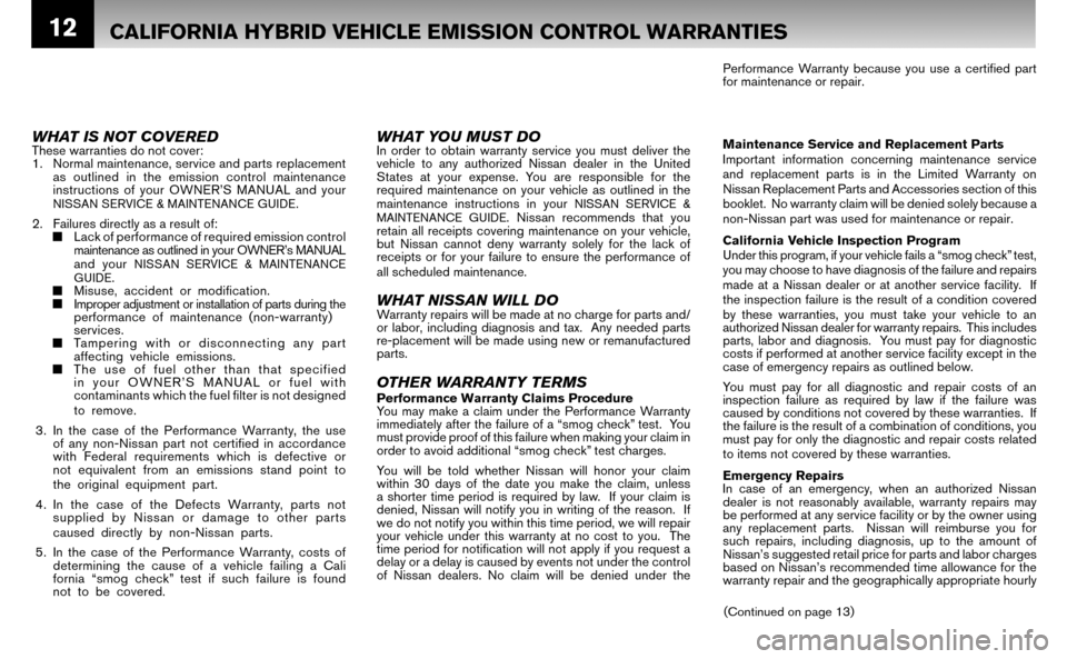 NISSAN ALTIMA HYBRID 2008 L32A / 4.G Warranty Booklet 12CALIFORNIA HYBRID VEHICLE EMISSION CONTROL WARRANTIES
Performance Warranty because you use a certifi ed part
for maintenance or repair.
Maintenance Service and Replacement Parts
Important info NISSAN ALTIMA HYBRID 2008 L32A / 4.G Warranty Booklet 12CALIFORNIA HYBRID VEHICLE EMISSION CONTROL WARRANTIES
Performance Warranty because you use a certifi ed part
for maintenance or repair.
Maintenance Service and Replacement Parts
Important info