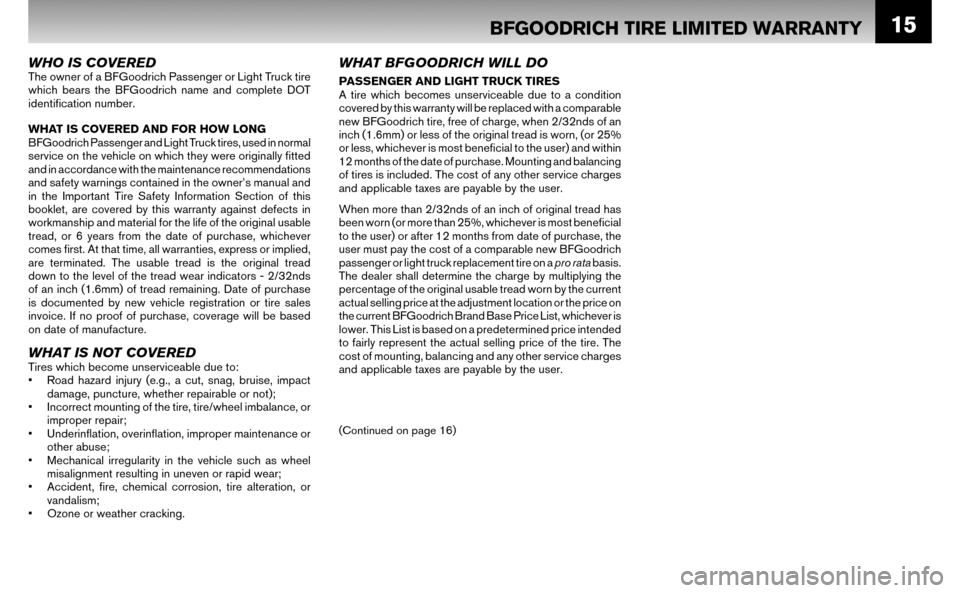 NISSAN ALTIMA HYBRID 2008 L32A / 4.G Warranty Booklet 15
WHO IS COVEREDThe owner of a BFGoodrich Passenger or Light Truck tire
which bears the BFGoodrich name and complete DOT
identifi cation number.
WHAT IS COVERED AND FOR HOW LONG
BFGoodrich Pass NISSAN ALTIMA HYBRID 2008 L32A / 4.G Warranty Booklet 15
WHO IS COVEREDThe owner of a BFGoodrich Passenger or Light Truck tire
which bears the BFGoodrich name and complete DOT
identifi cation number.
WHAT IS COVERED AND FOR HOW LONG
BFGoodrich Pass