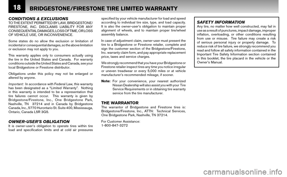 NISSAN ALTIMA HYBRID 2008 L32A / 4.G Warranty Booklet 18
CONDITIONS & EXCLUSIONSTO THE EXTENT PERMITTED BY LAW, BRIDGESTONE/
FIRESTONE, INC. DISCLAIMS LIABILITY FOR ANY
CONSEQUENTIAL DAMAGES, LOSS OF TIME, OR LOSS
OF VEHICLE USE, OR INCONVENIENCE.
So NISSAN ALTIMA HYBRID 2008 L32A / 4.G Warranty Booklet 18
CONDITIONS & EXCLUSIONSTO THE EXTENT PERMITTED BY LAW, BRIDGESTONE/
FIRESTONE, INC. DISCLAIMS LIABILITY FOR ANY
CONSEQUENTIAL DAMAGES, LOSS OF TIME, OR LOSS
OF VEHICLE USE, OR INCONVENIENCE.
So