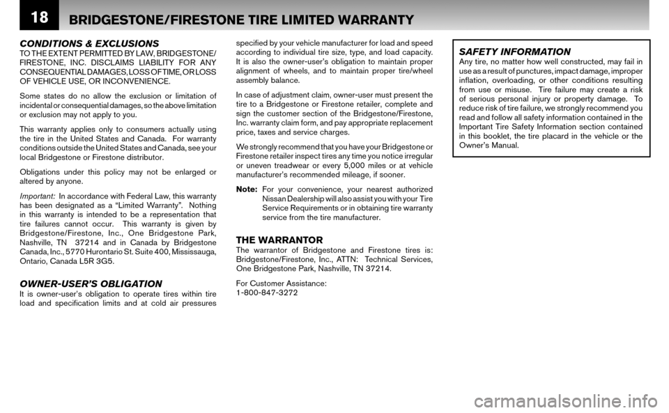 NISSAN ALTIMA HYBRID 2008 L32A / 4.G Warranty Booklet 18
CONDITIONS & EXCLUSIONSTO THE EXTENT PERMITTED BY LAW, BRIDGESTONE/ 
FIRESTONE, INC. DISCLAIMS LIABILITY FOR ANY 
CONSEQUENTIAL DAMAGES, LOSS OF TIME, OR LOSS 
OF VEHICLE USE, OR INCONVENIENCE. 
So
