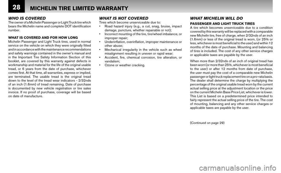 NISSAN ALTIMA HYBRID 2008 L32A / 4.G Warranty Booklet 28
WHO IS COVEREDThe owner of a Michelin Passenger or Light Truck tire which  
bears the Michelin name and complete DOT identiﬁ cation 
number. 
WHAT IS COVERED AND FOR HOW LONG 
Michelin Passenger 