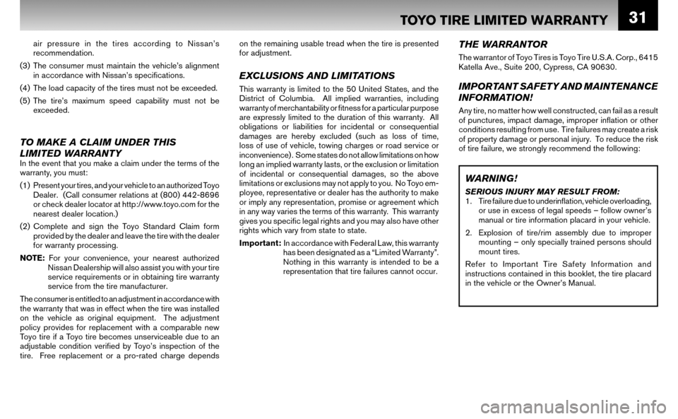 NISSAN ALTIMA HYBRID 2008 L32A / 4.G Warranty Booklet 31
THE WARRANTOR
The warrantor of Toyo Tires is Toyo Tire U.S.A. Corp., 6415  
Katella Ave., Suite 200, Cypress, CA 90630.
IMPORTANT SAFETY AND MAINTENANCE  
INFORMATION!
Any tire, no matter how well 