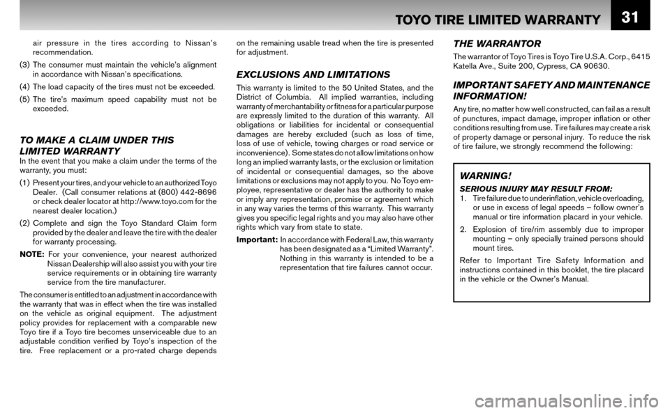 NISSAN ALTIMA HYBRID 2008 L32A / 4.G Warranty Booklet 31
THE WARRANTOR
The warrantor of Toyo Tires is Toyo Tire U.S.A. Corp., 6415
Katella Ave., Suite 200, Cypress, CA 90630.
IMPORTANT SAFETY AND MAINTENANCE
INFORMATION!
Any tire, no matter how well NISSAN ALTIMA HYBRID 2008 L32A / 4.G Warranty Booklet 31
THE WARRANTOR
The warrantor of Toyo Tires is Toyo Tire U.S.A. Corp., 6415
Katella Ave., Suite 200, Cypress, CA 90630.
IMPORTANT SAFETY AND MAINTENANCE
INFORMATION!
Any tire, no matter how well