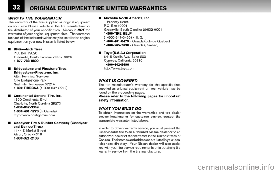 NISSAN ALTIMA HYBRID 2008 L32A / 4.G Warranty Booklet 32
WHO IS THE WARRANTORThe warrantor of the tires supplied as original equipment  
on your new Nissan vehicle is the tire manufacturer or 
tire distributor of your speciﬁ c tires.  Nissan is  NOT th