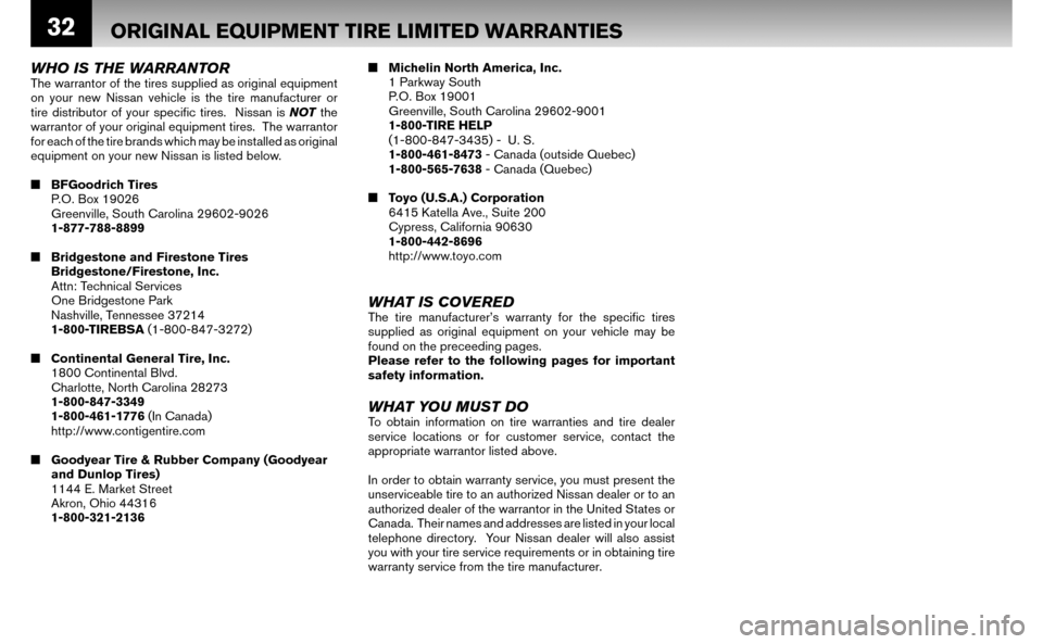 NISSAN ALTIMA HYBRID 2008 L32A / 4.G Warranty Booklet 32
WHO IS THE WARRANTORThe warrantor of the tires supplied as original equipment
on your new Nissan vehicle is the tire manufacturer or
tire distributor of your specifi c tires. Nissan is NOT th NISSAN ALTIMA HYBRID 2008 L32A / 4.G Warranty Booklet 32
WHO IS THE WARRANTORThe warrantor of the tires supplied as original equipment
on your new Nissan vehicle is the tire manufacturer or
tire distributor of your specifi c tires. Nissan is NOT th