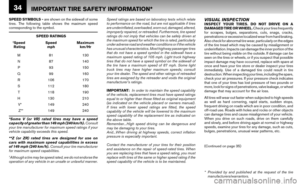 NISSAN ALTIMA HYBRID 2008 L32A / 4.G Warranty Booklet 34
SPEED SYMBOLS - are shown on the sidewall of some
tires. The following table shows the maximum speed
corresponding to the symbol.
SPEED RATINGS
†Speed Speed Maximum
Rating mph km/Hr
NISSAN ALTIMA HYBRID 2008 L32A / 4.G Warranty Booklet 34
SPEED SYMBOLS - are shown on the sidewall of some
tires. The following table shows the maximum speed
corresponding to the symbol.
SPEED RATINGS
†Speed Speed Maximum
Rating mph km/Hr