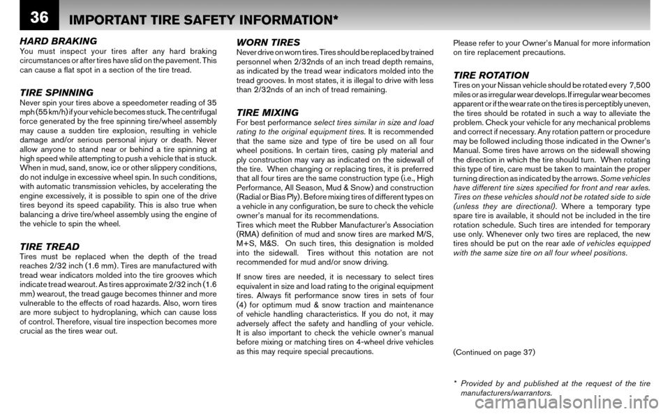NISSAN ALTIMA HYBRID 2008 L32A / 4.G Warranty Booklet 36
HARD BRAKINGYou must inspect your tires after any hard braking
circumstances or after tires have slid on the pavement. This
can cause a fl at spot in a section of the tire tread.
TIRE SPINNINGN NISSAN ALTIMA HYBRID 2008 L32A / 4.G Warranty Booklet 36
HARD BRAKINGYou must inspect your tires after any hard braking
circumstances or after tires have slid on the pavement. This
can cause a fl at spot in a section of the tire tread.
TIRE SPINNINGN