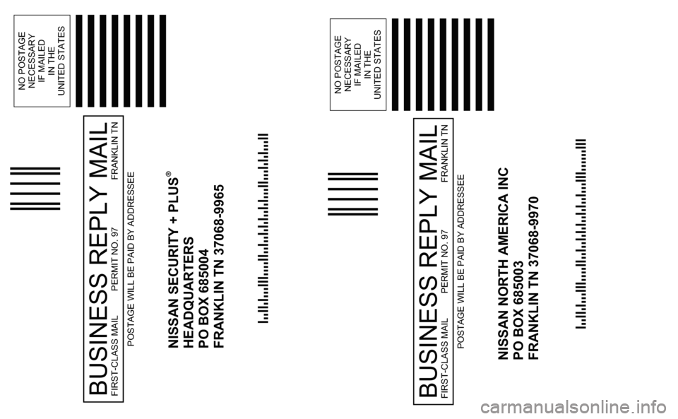 NISSAN ALTIMA HYBRID 2008 L32A / 4.G Warranty Booklet NISSAN NORTH AMERICA INC  
PO BOX 685003 
FRANKLIN TN 37068-9970
NO POSTAGE NECESSARY  IF MAILED 
IN THE 
UNITED STATES
BUSINESS REPLY MAILFIRST-CLASS MAIL FRANKLIN TN  PERMIT NO. 97 
POSTAGE WILL BE 