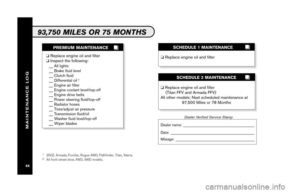 NISSAN TITAN 2008 1.G Service And Maintenance Guide SCHEDUL E2MA INTE NANCE
�Rep lac eeng ine oil and filt e r
(T it an FFV and Armada FFV)
All other models:Nex tschedu led main tenan ceat
97,50 0Mi les or 78 Mon ths
PREM IUM MAINT EN AN CE
�Rep lace e