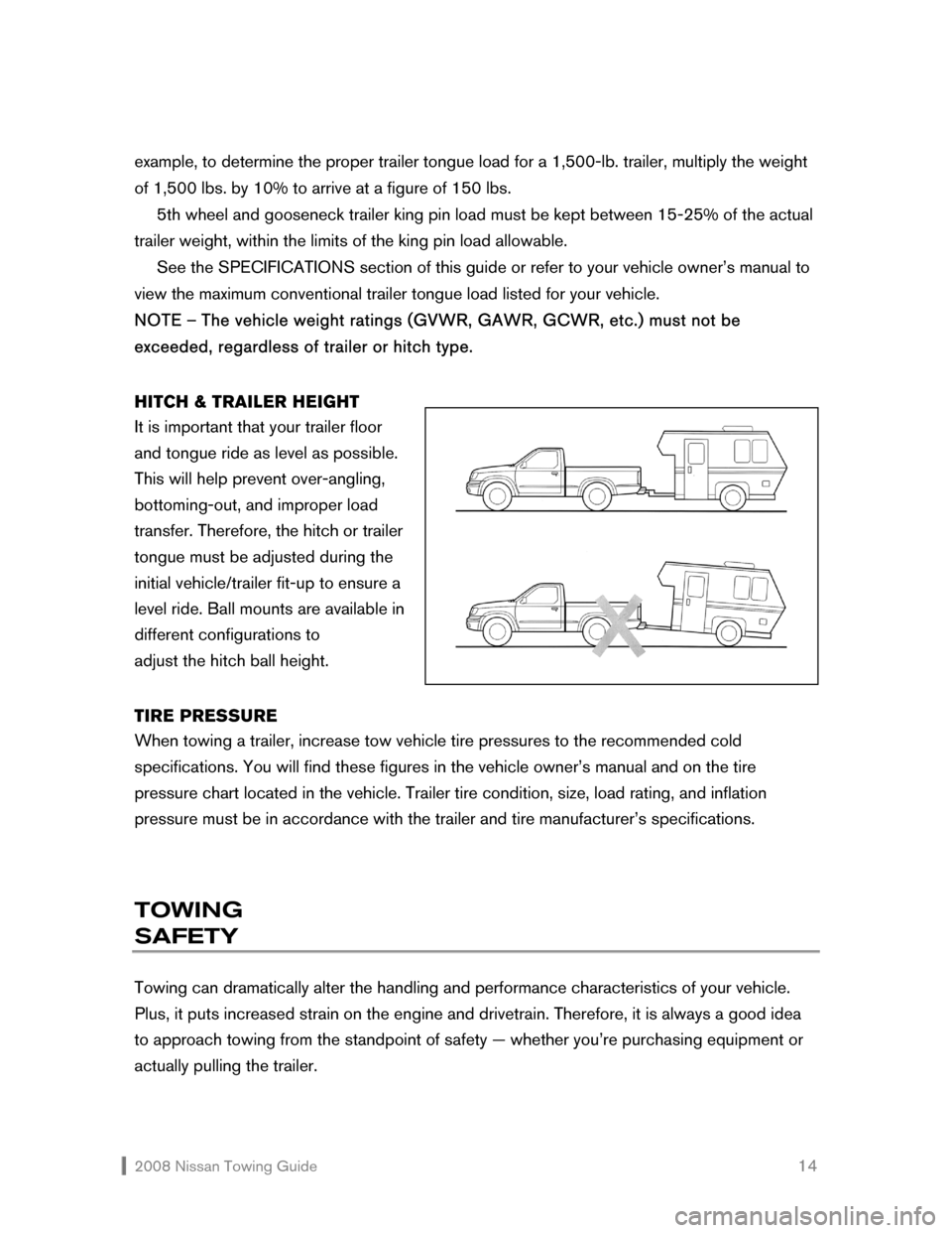 NISSAN ARMADA 2008 1.G Towing Guide  2008 Nissan Towing Guide    14 example, to determine the proper trailer tongue load for a 1,500-lb. trailer, multiply the weight 
of 1,500 lbs. by 10% to arrive at a figure of 150 lbs.  
  5th wheel 