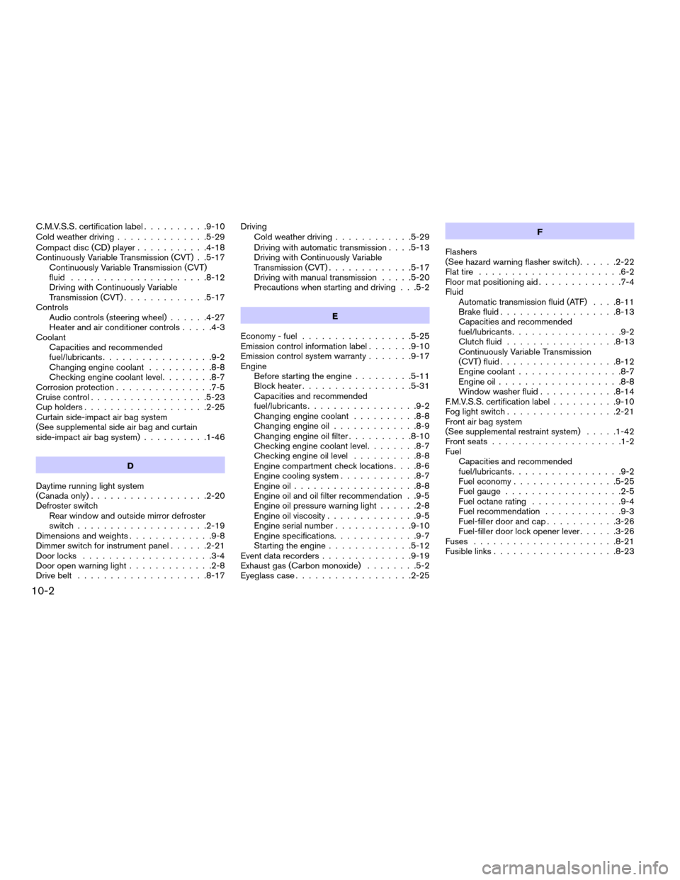 NISSAN VERSA HATCHBACK 2008 1.G Manual Online C.M.V.S.S. certification label..........9-10
Cold weather driving..............5-29
Compact disc (CD) player...........4-18
Continuously Variable Transmission (CVT) . .5-17
Continuously Variable Trans