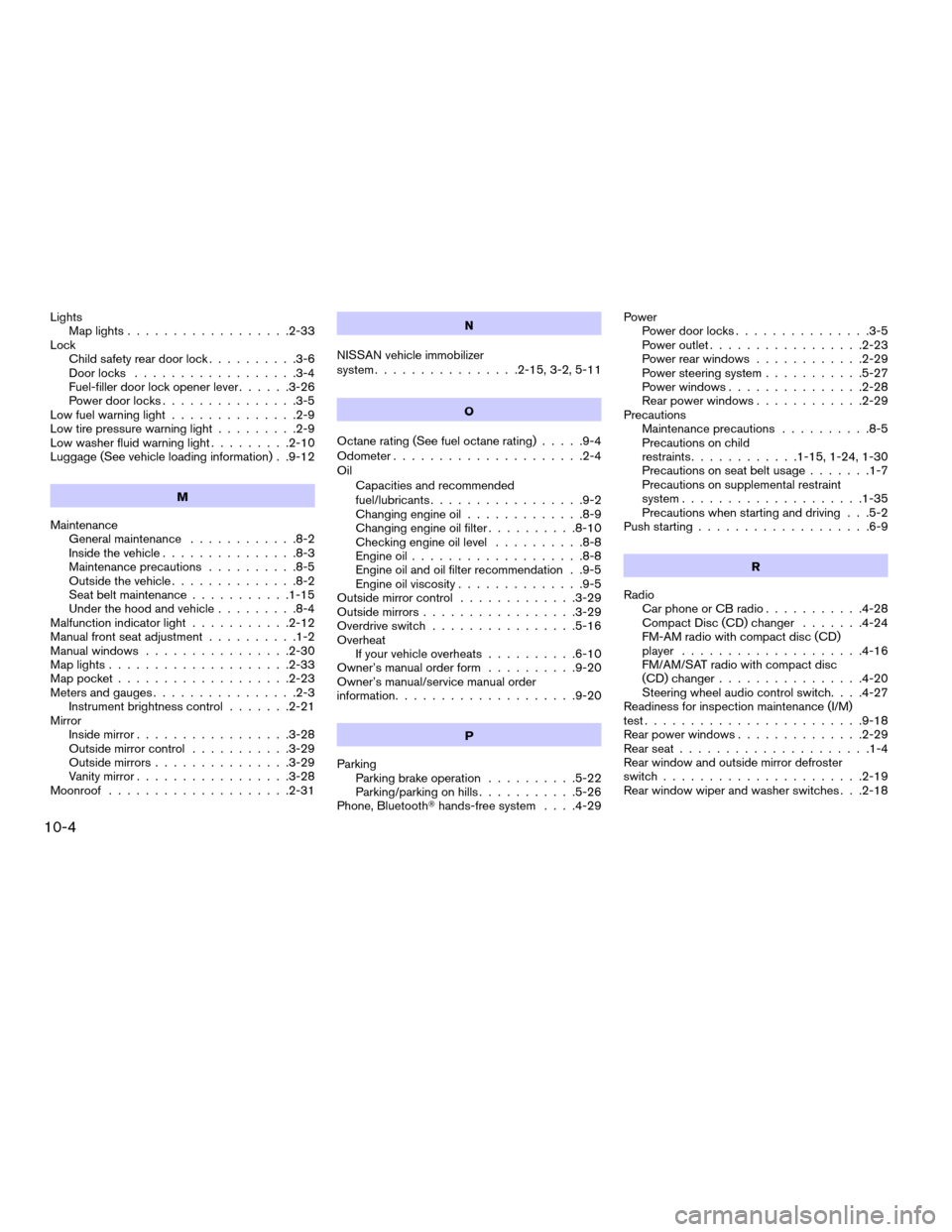 NISSAN VERSA HATCHBACK 2008 1.G Manual Online Lights
Map lights..................2-33
Lock
Child safety rear door lock..........3-6
Door locks..................3-4
Fuel-filler door lock opener lever......3-26
Power door locks...............3-5
Lo