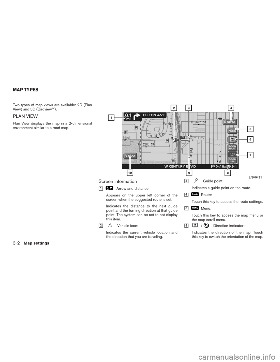 NISSAN ALTIMA COUPE 2009 D32 / 4.G Navigation Manual Two types of map views are available: 2D (Plan
View) and 3D (Birdview™) .
PLAN VIEW
Plan View displays the map in a 2-dimensional
environment similar to a road map.
Screen information
1Arrow and di