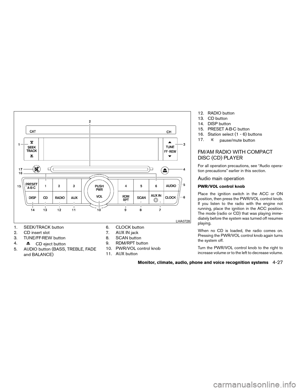 NISSAN ALTIMA COUPE 2009 D32 / 4.G Owners Manual 1. SEEK/TRACK button
2. CD insert slot
3. TUNE/FF·REW button
4.
CD eject button
5. AUDIO button (BASS, TREBLE, FADE
and BALANCE)6. CLOCK button
7. AUX IN jack
8. SCAN button
9. RDM/RPT button
10. PWR