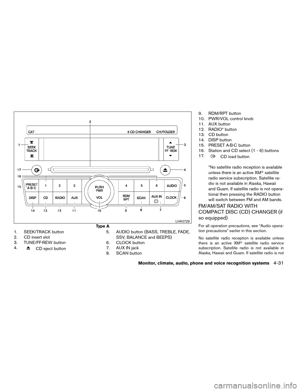 NISSAN ALTIMA COUPE 2009 D32 / 4.G Owners Manual 1. SEEK/TRACK button
2. CD insert slot
3. TUNE/FF·REW button
4.
CD eject button5. AUDIO button (BASS, TREBLE, FADE,
SSV, BALANCE and BEEPS)
6. CLOCK button
7. AUX IN jack
8. SCAN button9. RDM/RPT but NISSAN ALTIMA COUPE 2009 D32 / 4.G Owners Manual 1. SEEK/TRACK button
2. CD insert slot
3. TUNE/FF·REW button
4.
CD eject button5. AUDIO button (BASS, TREBLE, FADE,
SSV, BALANCE and BEEPS)
6. CLOCK button
7. AUX IN jack
8. SCAN button9. RDM/RPT but