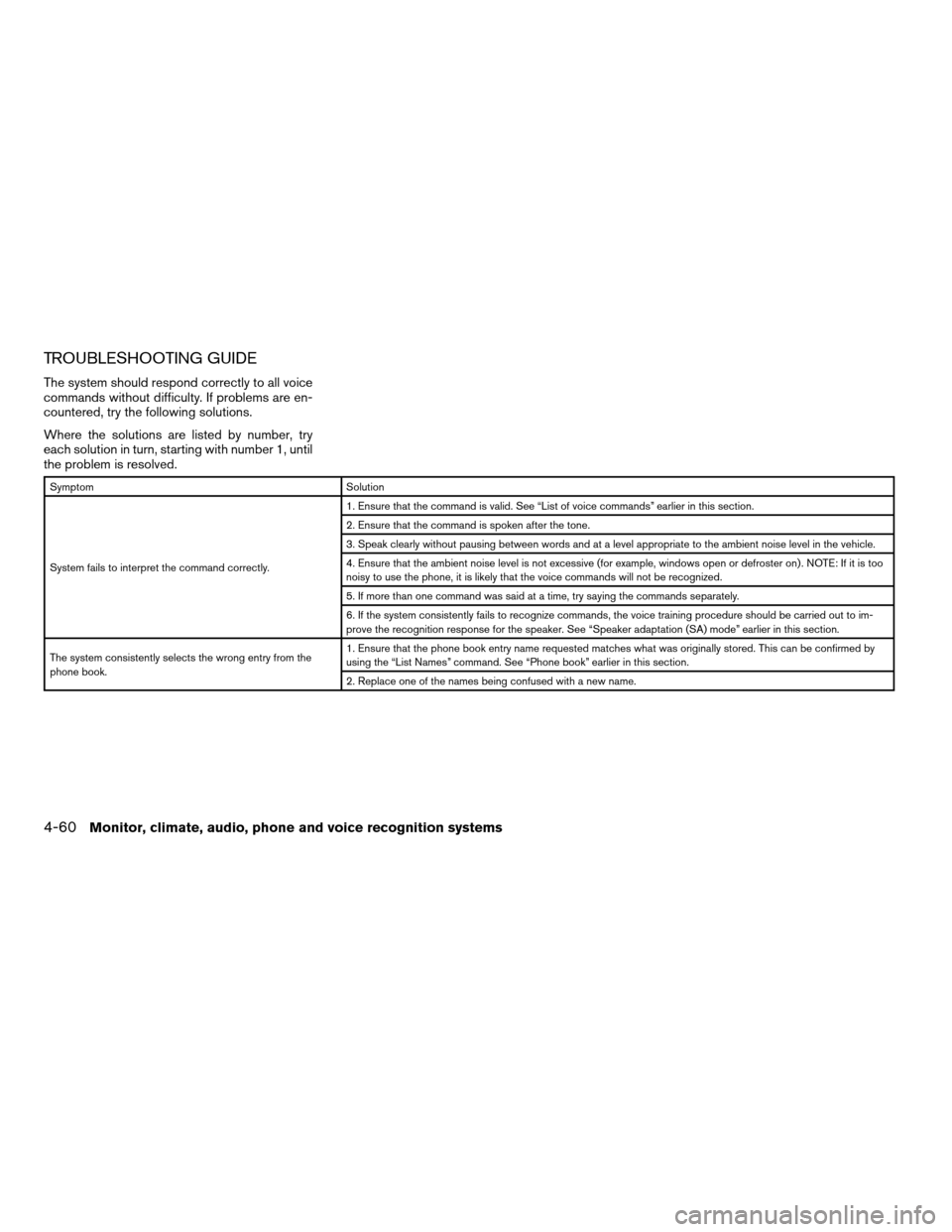 NISSAN ALTIMA COUPE 2009 D32 / 4.G Owners Manual TROUBLESHOOTING GUIDE
The system should respond correctly to all voice
commands without difficulty. If problems are en-
countered, try the following solutions.
Where the solutions are listed by number NISSAN ALTIMA COUPE 2009 D32 / 4.G Owners Manual TROUBLESHOOTING GUIDE
The system should respond correctly to all voice
commands without difficulty. If problems are en-
countered, try the following solutions.
Where the solutions are listed by number