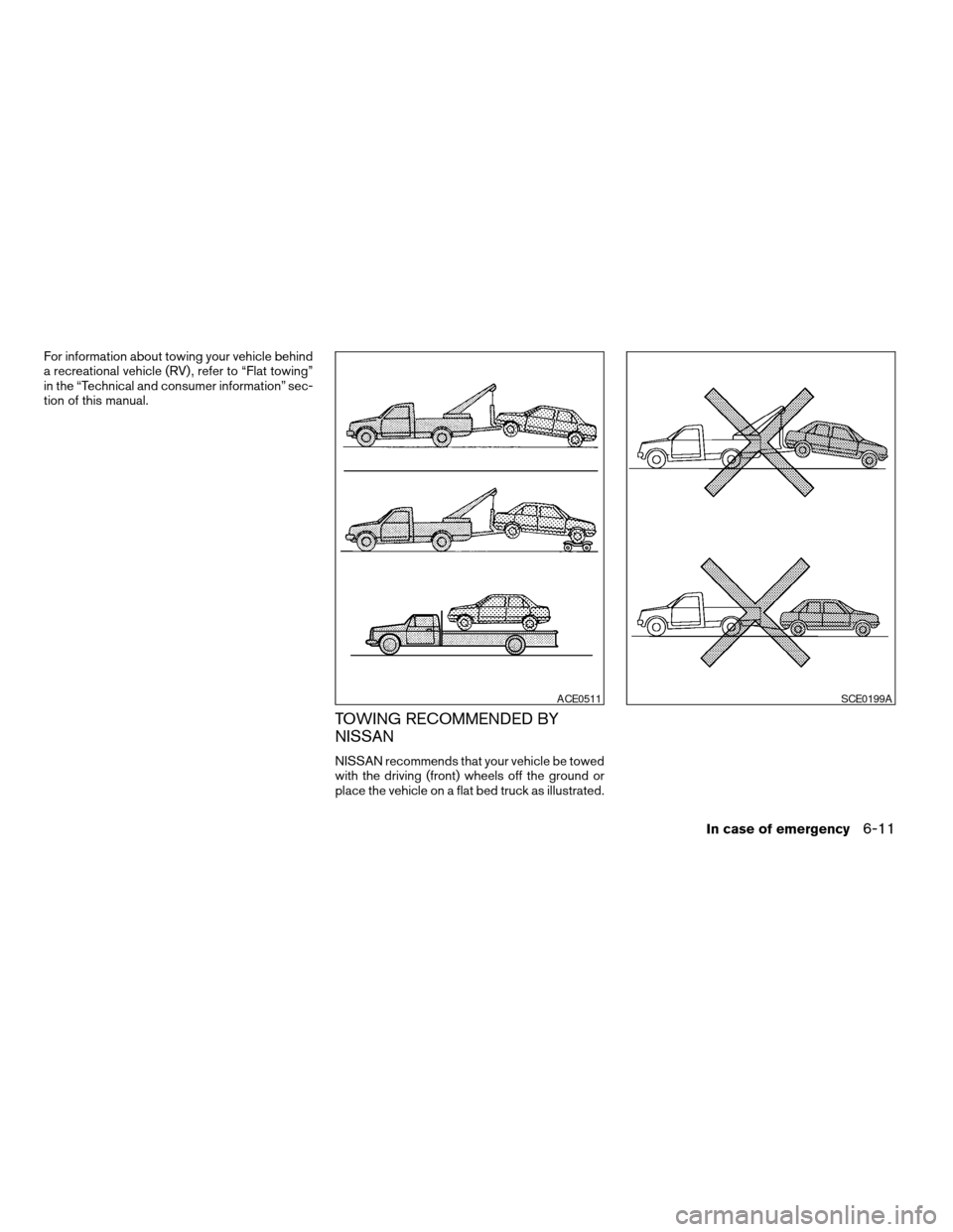 NISSAN ALTIMA COUPE 2009 D32 / 4.G Owners Manual For information about towing your vehicle behind
a recreational vehicle (RV) , refer to “Flat towing”
in the “Technical and consumer information” sec-
tion of this manual.
TOWING RECOMMENDED B