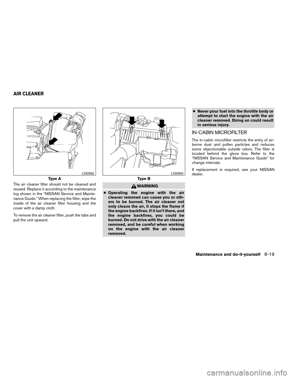 NISSAN ALTIMA COUPE 2009 D32 / 4.G Owners Manual The air cleaner filter should not be cleaned and
reused. Replace it according to the maintenance
log shown in the “NISSAN Service and Mainte-
nance Guide.” When replacing the filter, wipe the
insi