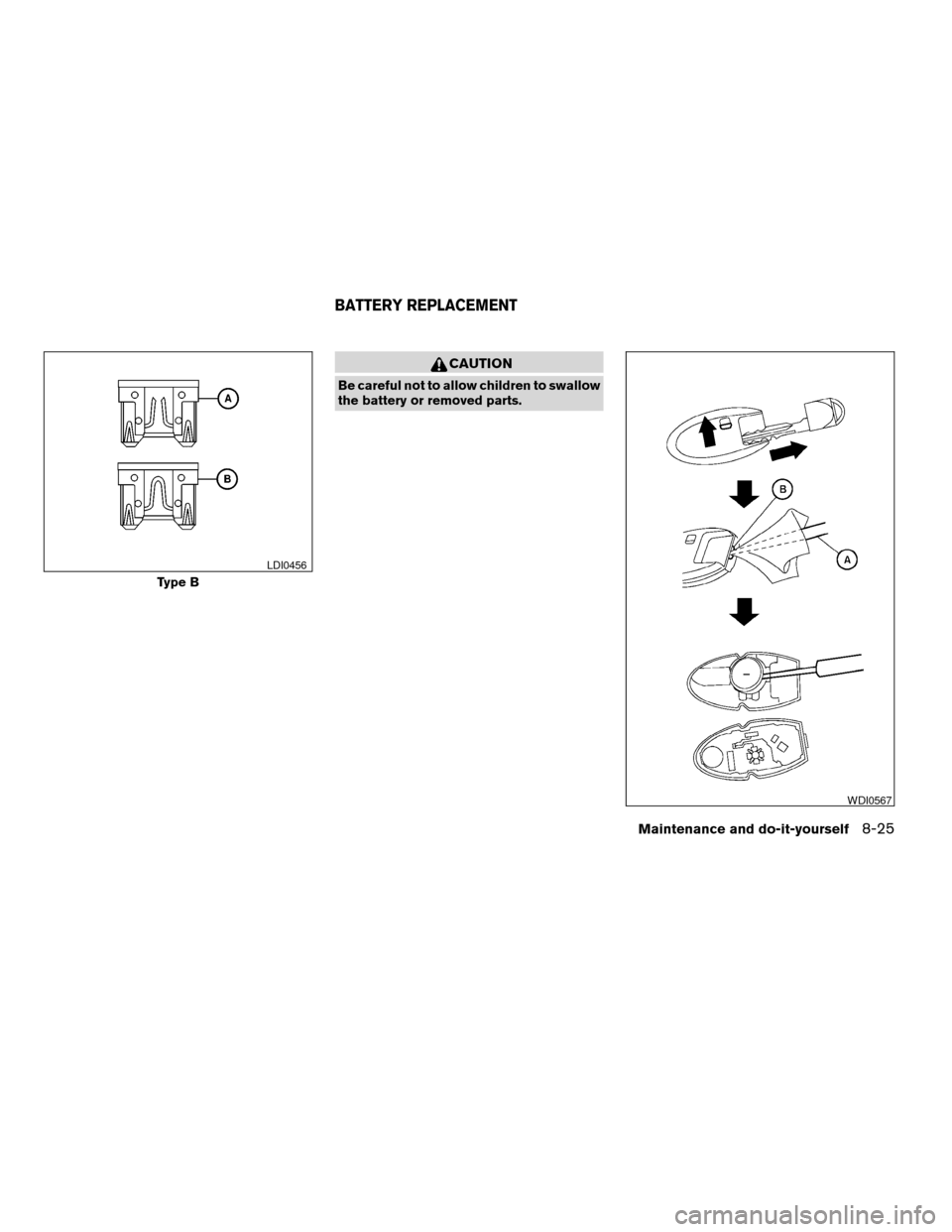 NISSAN ALTIMA COUPE 2009 D32 / 4.G Owners Manual CAUTION
Be careful not to allow children to swallow
the battery or removed parts.
Type B
LDI0456
WDI0567
BATTERY REPLACEMENT
Maintenance and do-it-yourself8-25
ZREVIEW COPYÐ2009 Altima(alt)
Owners Ma