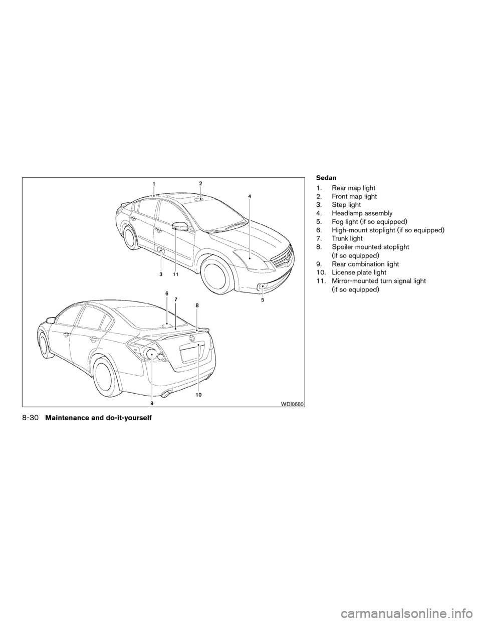NISSAN ALTIMA COUPE 2009 D32 / 4.G Service Manual Sedan
1. Rear map light
2. Front map light
3. Step light
4. Headlamp assembly
5. Fog light (if so equipped)
6. High-mount stoplight (if so equipped)
7. Trunk light
8. Spoiler mounted stoplight
(if so 