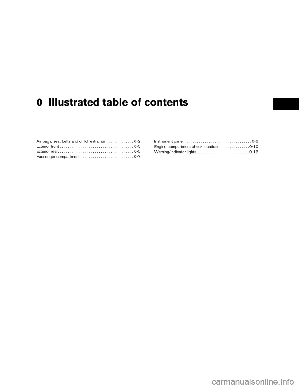 NISSAN ALTIMA COUPE 2009 D32 / 4.G Owners Manual 0 Illustrated table of contents
Air bags, seat belts and child restraints..............0-2
Exterior front......................................0-3
Exterior rear.......................................0