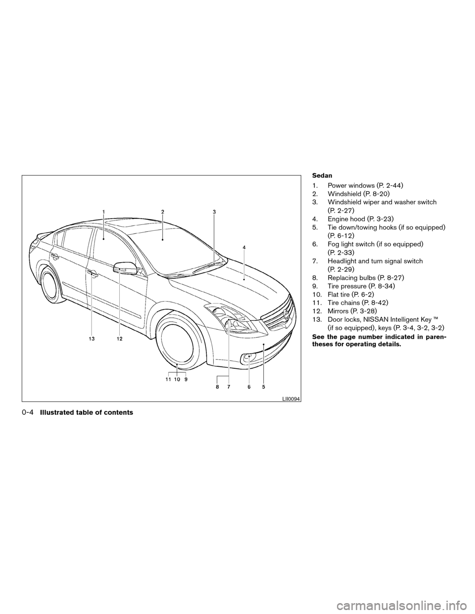 NISSAN ALTIMA COUPE 2009 D32 / 4.G Owners Manual Sedan
1. Power windows (P. 2-44)
2. Windshield (P. 8-20)
3. Windshield wiper and washer switch
(P. 2-27)
4. Engine hood (P. 3-23)
5. Tie down/towing hooks (if so equipped)
(P. 6-12)
6. Fog light switc NISSAN ALTIMA COUPE 2009 D32 / 4.G Owners Manual Sedan
1. Power windows (P. 2-44)
2. Windshield (P. 8-20)
3. Windshield wiper and washer switch
(P. 2-27)
4. Engine hood (P. 3-23)
5. Tie down/towing hooks (if so equipped)
(P. 6-12)
6. Fog light switc