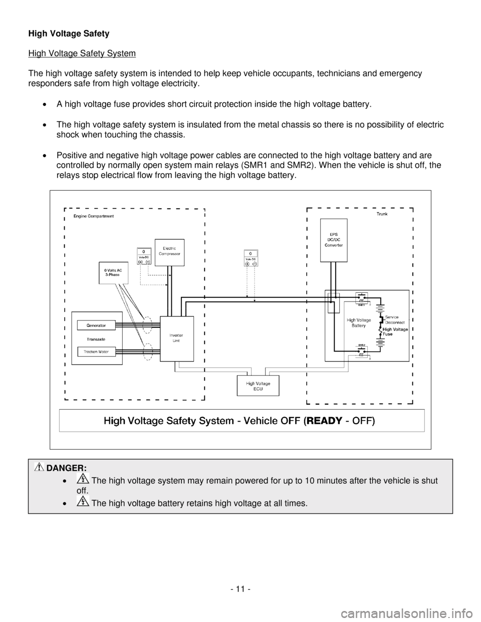 NISSAN ALTIMA HYBRID 2009 L32A / 4.G Dismantling Guide      - 11 - 
 DANGER:  
• 
 The high voltage system may remain powered for up to 10 minutes after the vehicle is shut 
off. 
•  
 The high voltage battery retains high voltage at all times. 
High 