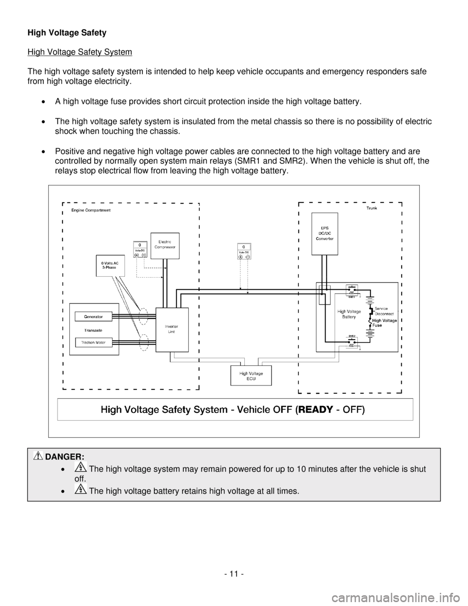 NISSAN ALTIMA HYBRID 2009 L32A / 4.G First Responders Guide - 11 - 
 DANGER:  • 
 The high voltage system may remain powered for up to 10 minutes after the vehicle is shut 
off. 
•  
 The high voltage battery retains high voltage at all times. 
High Voltag