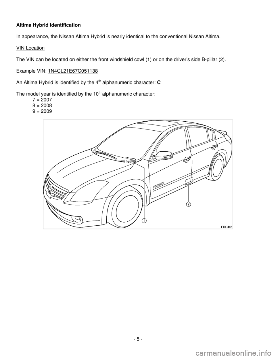 NISSAN ALTIMA HYBRID 2009 L32A / 4.G First Responders Guide - 5 - 
 
Altima Hybrid Identification 
 
In appearance, the Nissan Altima Hybrid is nearly identical to the conventional Nissan Altima.  
 
VIN Location
 
 
The VIN can be located on either the front 