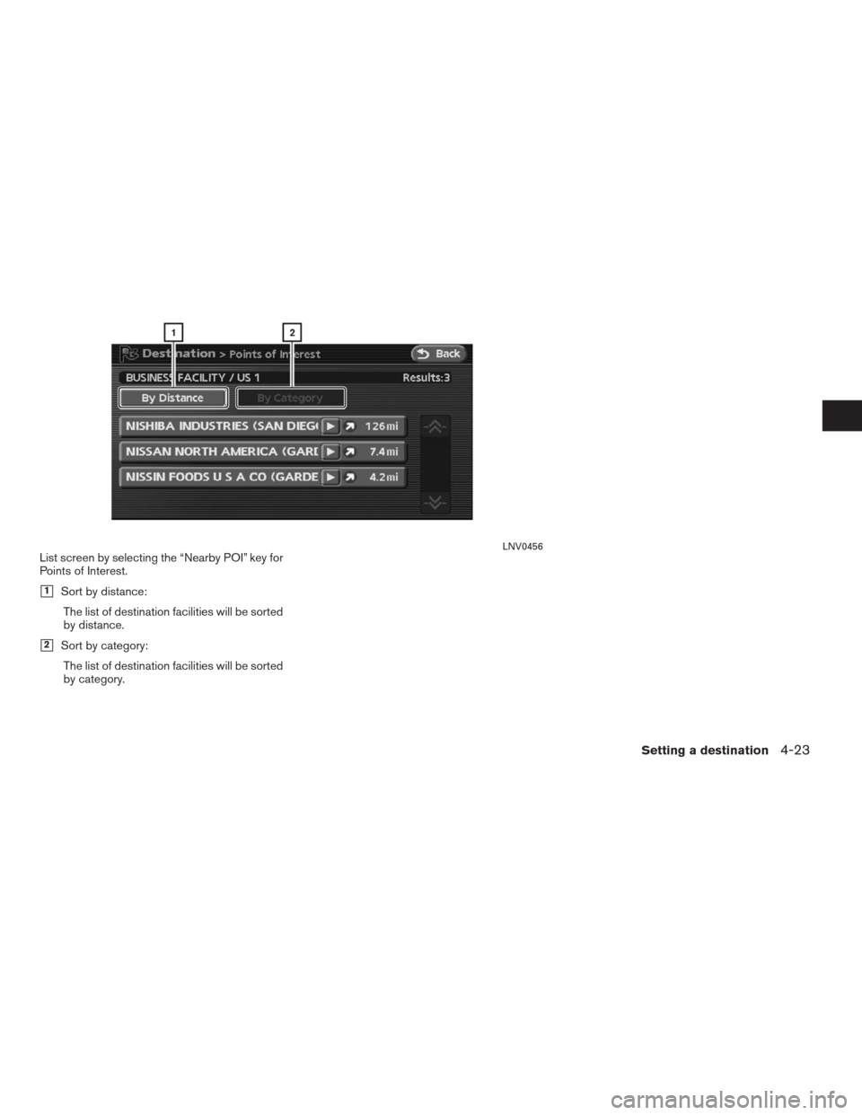 NISSAN ALTIMA HYBRID 2009 L32A / 4.G Navigation Manual List screen by selecting the “Nearby POI” key for
Points of Interest.
1Sort by distance:
The list of destination facilities will be sorted
by distance.
2Sort by category:
The list of destination