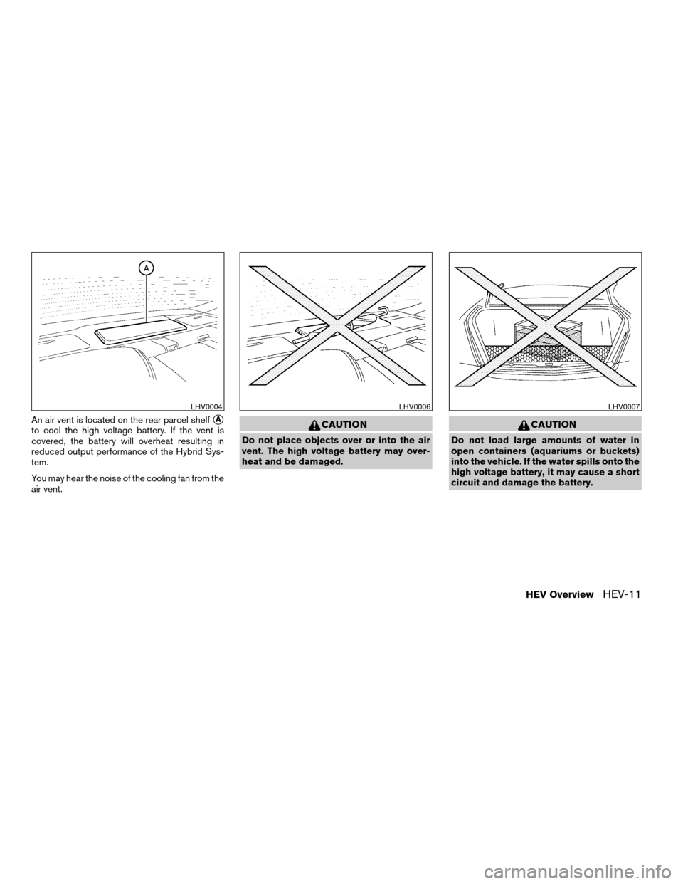 NISSAN ALTIMA HYBRID 2009 L32A / 4.G User Guide An air vent is located on the rear parcel shelfsA
to cool the high voltage battery. If the vent is
covered, the battery will overheat resulting in
reduced output performance of the Hybrid Sys-
tem.
Yo