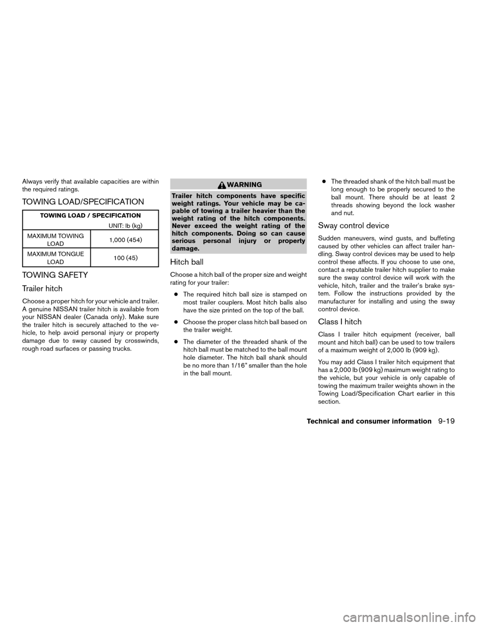 NISSAN ALTIMA HYBRID 2009 L32A / 4.G User Guide Always verify that available capacities are within
the required ratings.
TOWING LOAD/SPECIFICATION
TOWING LOAD / SPECIFICATION
UNIT: lb (kg)
MAXIMUM TOWING
LOAD1,000 (454)
MAXIMUM TONGUE
LOAD100 (45)
