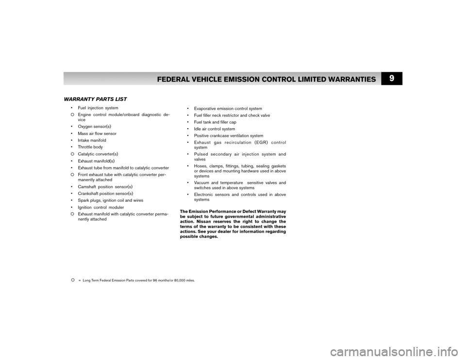 NISSAN VERSA HATCHBACK 2009 1.G Warranty Booklet 9
FEDERAL VEHICLE EMISSION CONTROL LIMITED WARRANTIES
  •  Evaporative emission control system 
  •  Fuel ﬁ ller neck restrictor and check valve
  •  Fuel tank and ﬁ ller cap
  •  Idle air