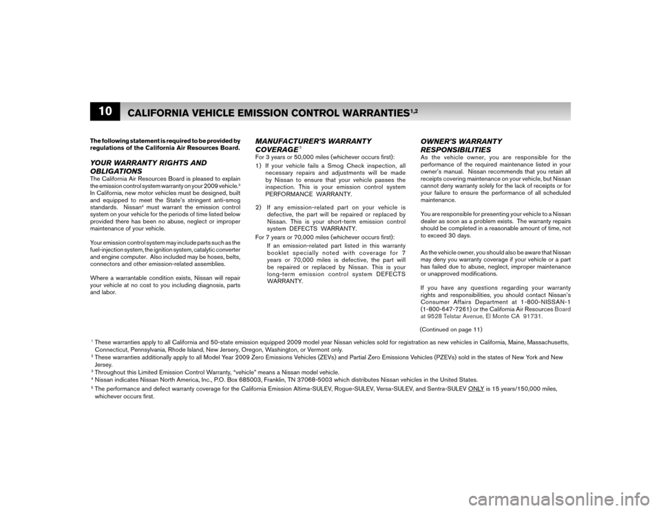 NISSAN ALTIMA COUPE 2009 D32 / 4.G Warranty Booklet 10The following statement is required to be provided by
regulations of the California Air Resources Board.YOUR WARRANTY RIGHTS AND
OBLIGATIONSThe California Air Resources Board is pleased to explain NISSAN ALTIMA COUPE 2009 D32 / 4.G Warranty Booklet 10The following statement is required to be provided by
regulations of the California Air Resources Board.YOUR WARRANTY RIGHTS AND
OBLIGATIONSThe California Air Resources Board is pleased to explain