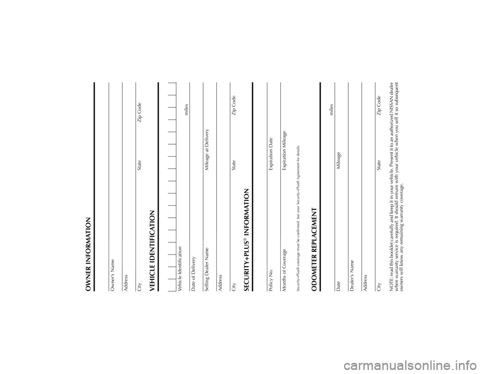 NISSAN VERSA HATCHBACK 2009 1.G Warranty Booklet OWNER INFORMATION
Owner’s Name
Address
City State Zip Code
VEHICLE IDENTIFICATION
Vehicle Identification
Date of Deliverymiles
Selling Dealer NameMileage at Delivery
Address
City State Zip Code
SECU