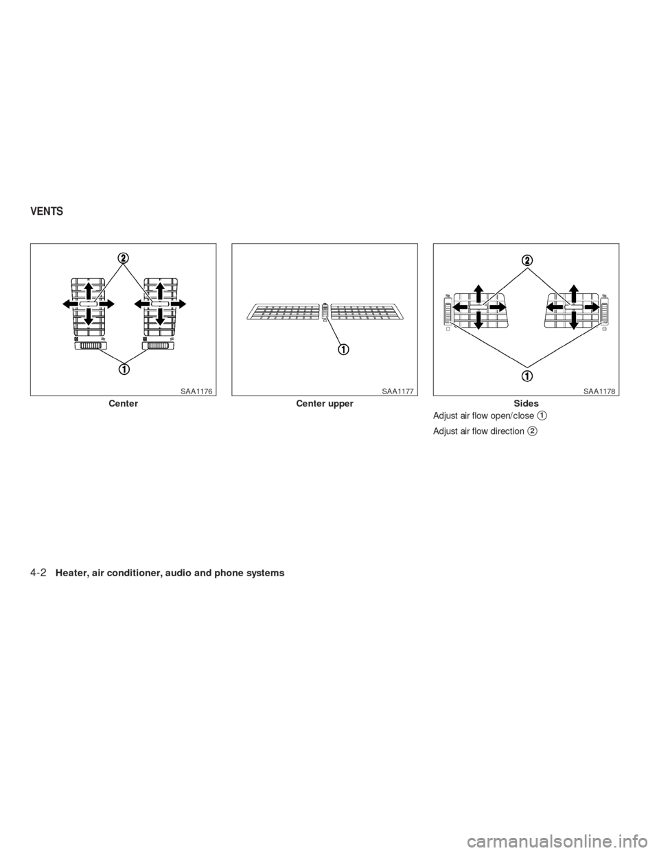 NISSAN VERSA HATCHBACK 2009 1.G Owners Manual Adjust air flow open/close1
Adjust air flow direction2
Center
SAA1176
Center upper
SAA1177
Sides
SAA1178
VENTS
4-2Heater, air conditioner, audio and phone systems
REVIEW COPY—2009 Versa(vrs)
Owne