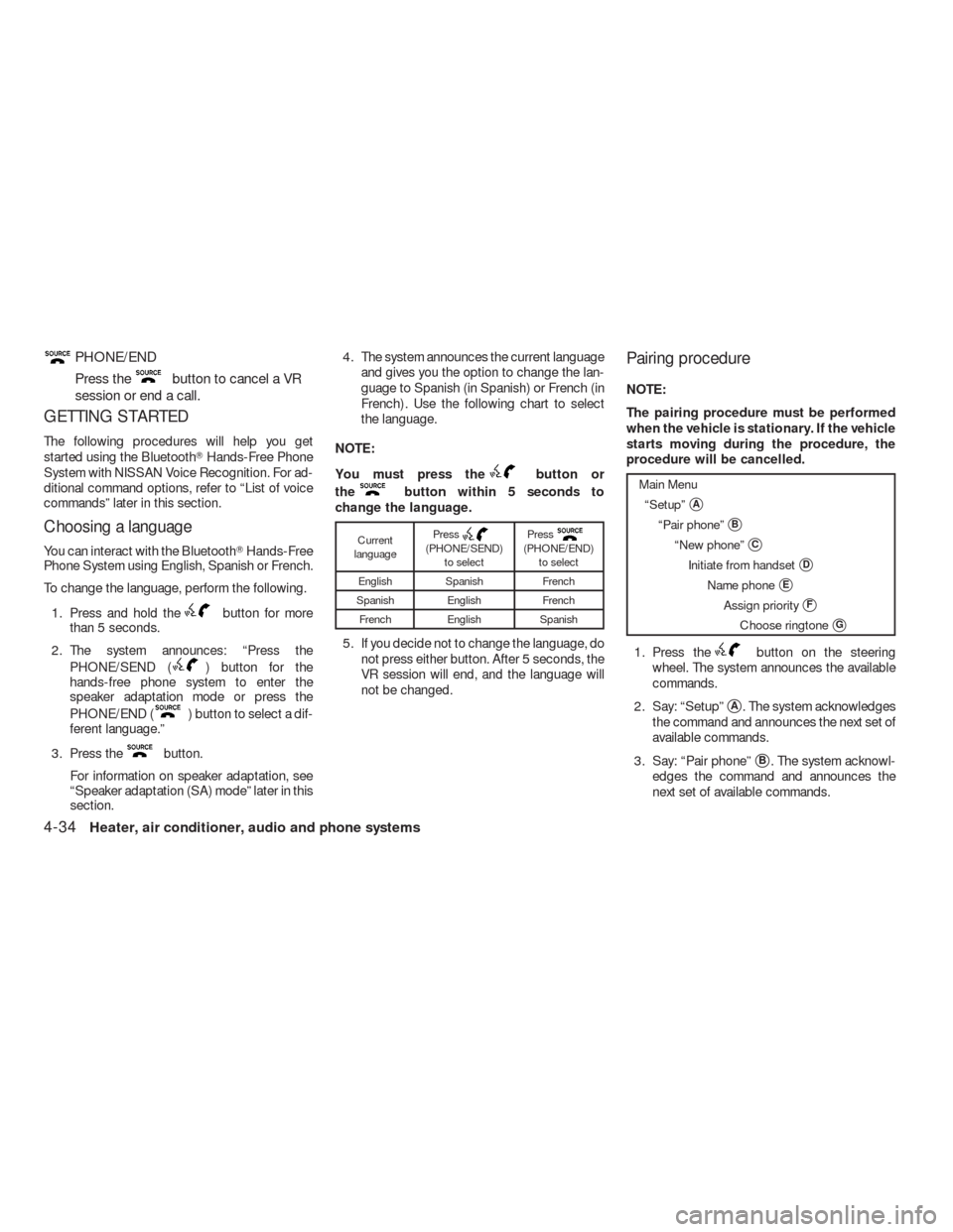 NISSAN VERSA HATCHBACK 2009 1.G Owners Manual PHONE/END
Press the
button to cancel a VR
session or end a call.
GETTING STARTED
The following procedures will help you get
started using the BluetoothHands-Free Phone
System with NISSAN Voice Recogn