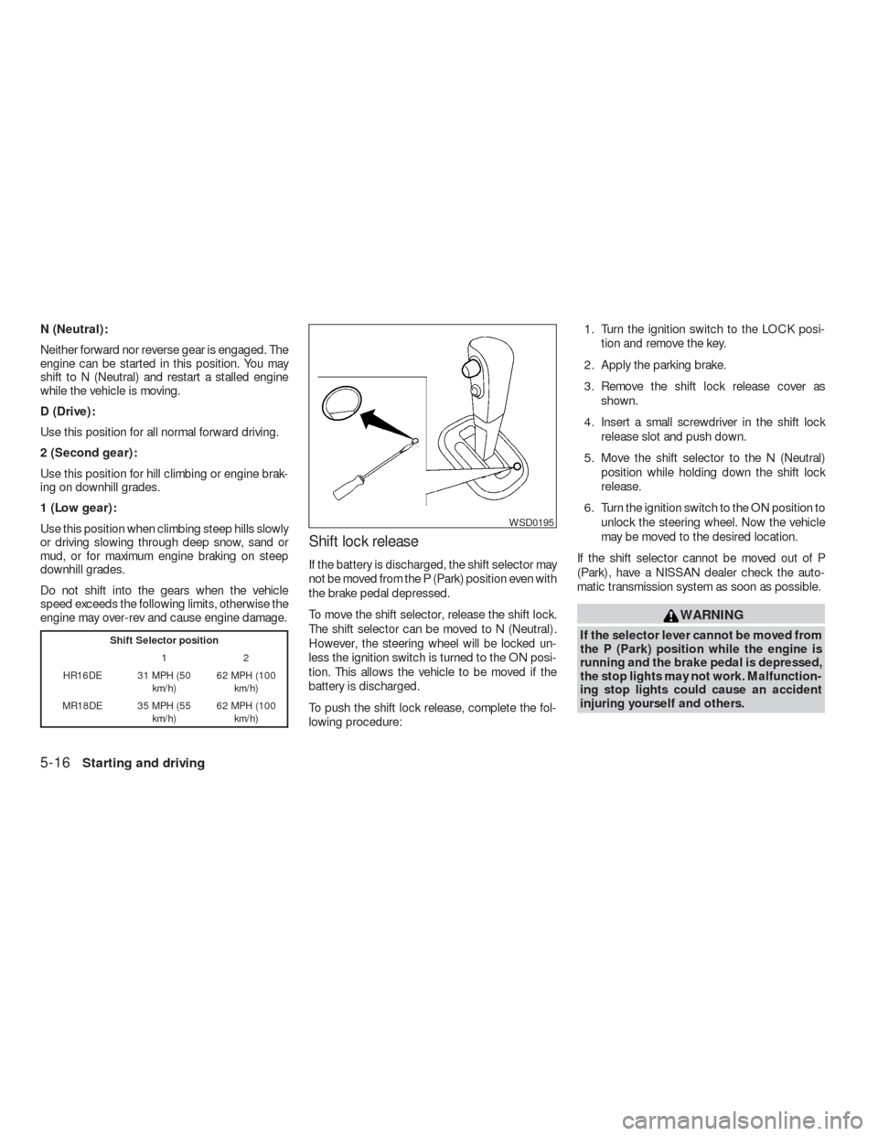 NISSAN VERSA HATCHBACK 2009 1.G User Guide N (Neutral):
Neither forward nor reverse gear is engaged. The
engine can be started in this position. You may
shift to N (Neutral) and restart a stalled engine
while the vehicle is moving.
D (Drive):
