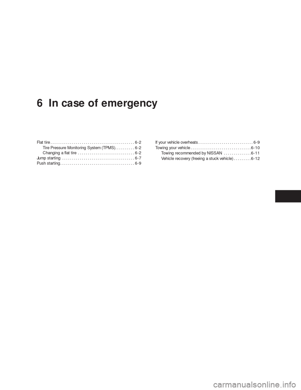 NISSAN VERSA HATCHBACK 2009 1.G Owners Manual 6 In case of emergency
Flat tire...........................................6-2
Tire Pressure Monitoring System (TPMS)..........6-2
Changing a flat tire.............................6-2
Jump starting . 