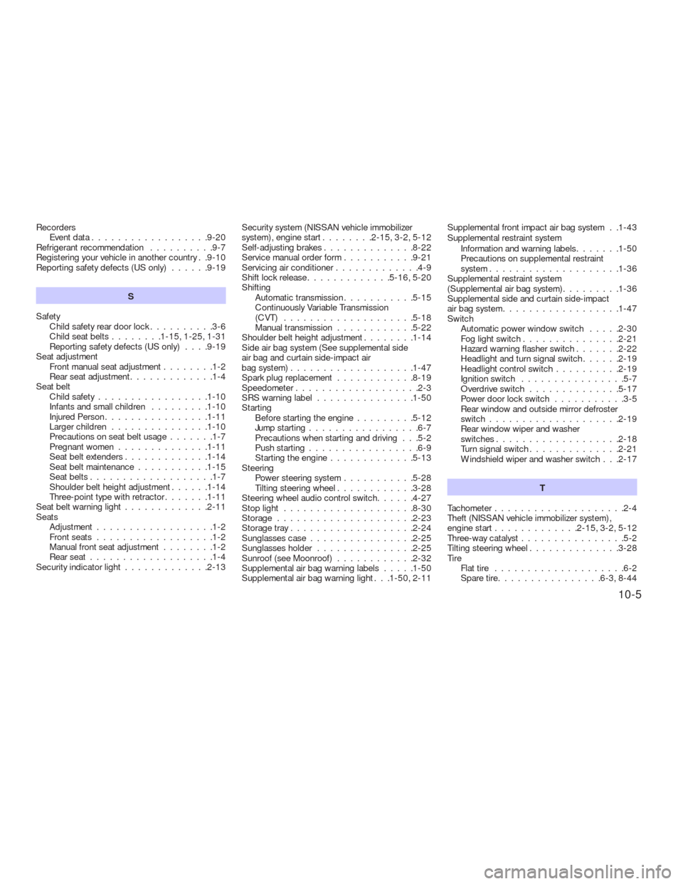 NISSAN VERSA HATCHBACK 2009 1.G Repair Manual Recorders
Eventdata..................9-20
Refrigerant recommendation..........9-7
Registering your vehicle in another country . .9-10
Reporting safety defects (US only)......9-19
S
Safety
Child safety