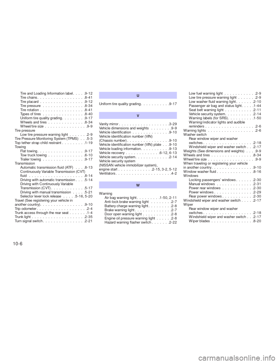 NISSAN VERSA HATCHBACK 2009 1.G Owners Manual Tire and Loading Information label.....9-12
Tirechains..................8-41
Tireplacard.................9-12
Tirepressure ................8-34
Tirerotation.................8-41
Types of tires........