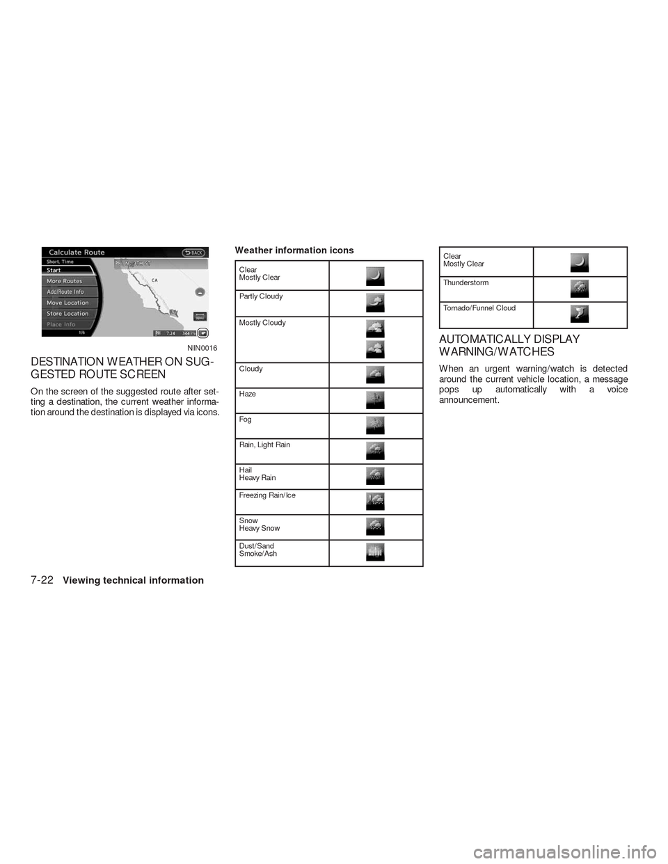 NISSAN ALTIMA COUPE 2010 D32 / 4.G Navigation Manual DESTINATION WEATHER ON SUG-
GESTED ROUTE SCREEN
On the screen of the suggested route after set-
ting a destination, the current weather informa-
tion around the destination is displayed via icons.Weat