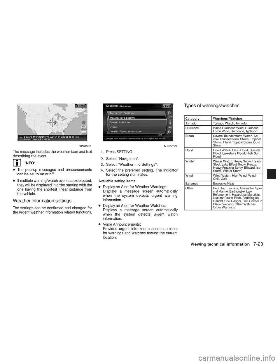 NISSAN ALTIMA COUPE 2010 D32 / 4.G Navigation Manual The message includes the weather icon and text
describing the event.
INFO:
●The pop-up messages and announcements
can be set to on or off.
●If multiple warning/watch events are detected,
they will