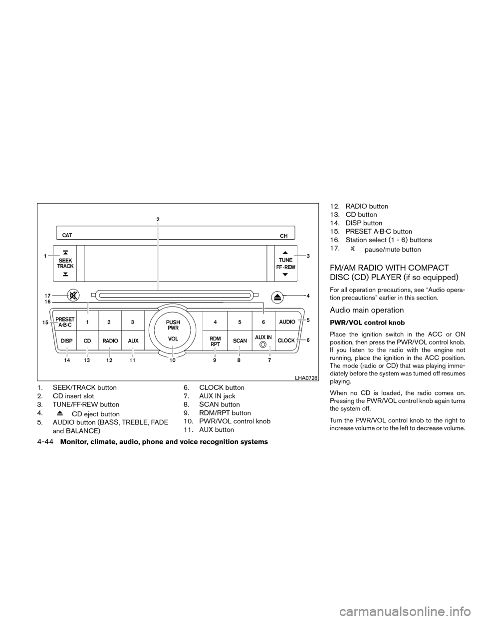 NISSAN ALTIMA COUPE 2010 D32 / 4.G Service Manual 1. SEEK/TRACK button
2. CD insert slot
3. TUNE/FF·REW button
4.
CD eject button
5. AUDIO button (BASS, TREBLE, FADE
and BALANCE) 6. CLOCK button
7. AUX IN jack
8. SCAN button
9. RDM/RPT button
10. PW