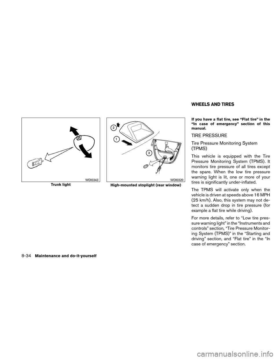 NISSAN ALTIMA COUPE 2010 D32 / 4.G User Guide If you have a flat tire, see “Flat tire” in the
“In case of emergency” section of this
manual.
TIRE PRESSURE
Tire Pressure Monitoring System
(TPMS)
This vehicle is equipped with the Tire
Press