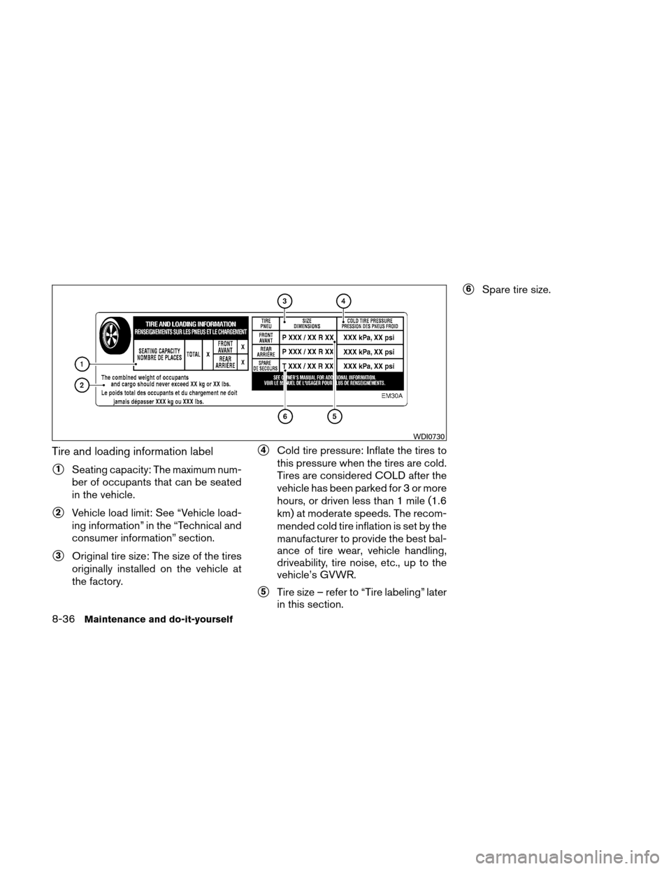 NISSAN ALTIMA COUPE 2010 D32 / 4.G User Guide Tire and loading information label
1Seating capacity: The maximum num-
ber of occupants that can be seated
in the vehicle.
2Vehicle load limit: See “Vehicle load-
ing information” in the “Tech